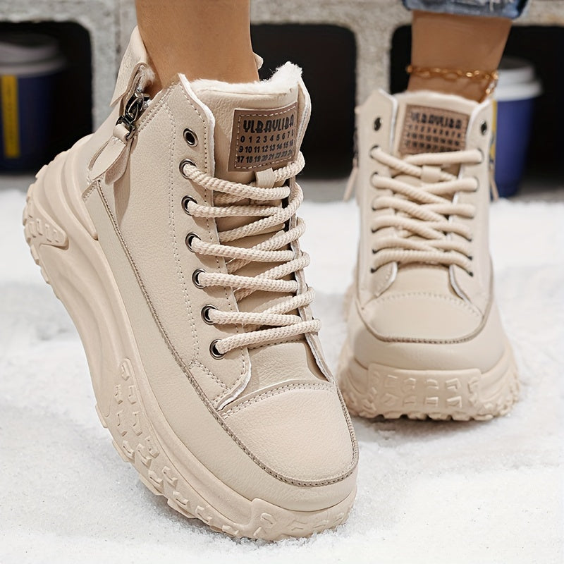 Livia - Dames Effen Pluche Laarzen, Platform, Lage Hak, Antislip Warme Winterlaarzen