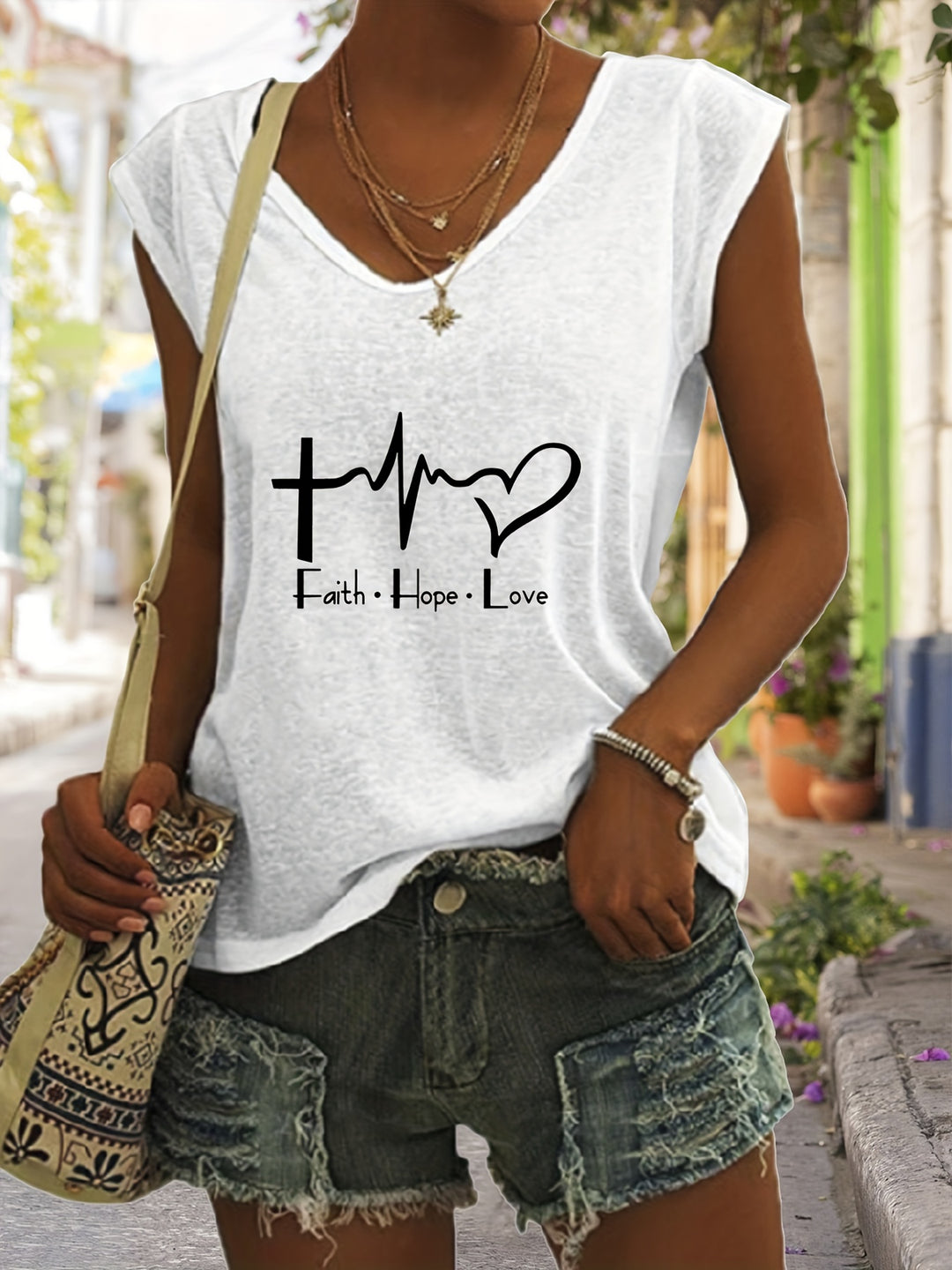 Lisanne - Faith &amp; Love Print Tank Top, Casual Sleeveless V-Neck Top For Summer