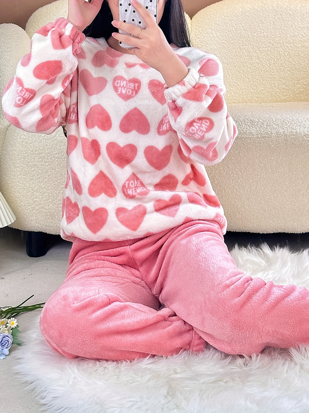 Linde - Cute Heart Print Fleece Pyjama Set with Round Neck