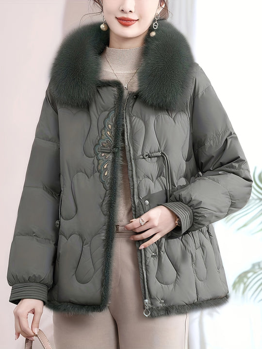 Mariska - Elegant Women's Winter Coat, Faux Fur with Geometric Embroidery html