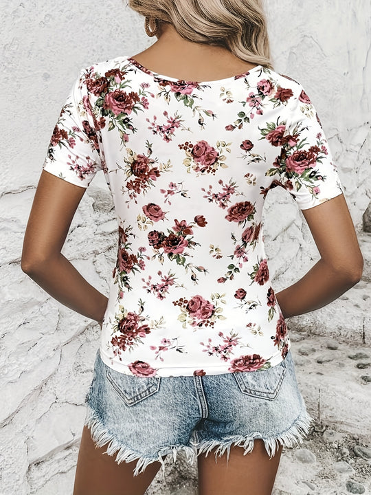 Elvira - Elegant T-shirt met Bloemenprint en Ronde Hals