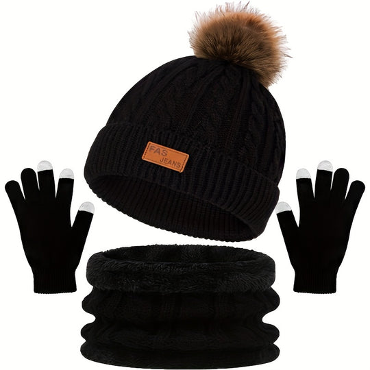 Iris - Winter 3-in-1 Set with Pom-Pom | Warm Knitted Hat, Scarf and Touchscreen Gloves