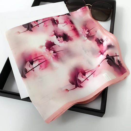 Yara - Vintage 100% Silk Square Scarf with Ombré Lotus Pattern