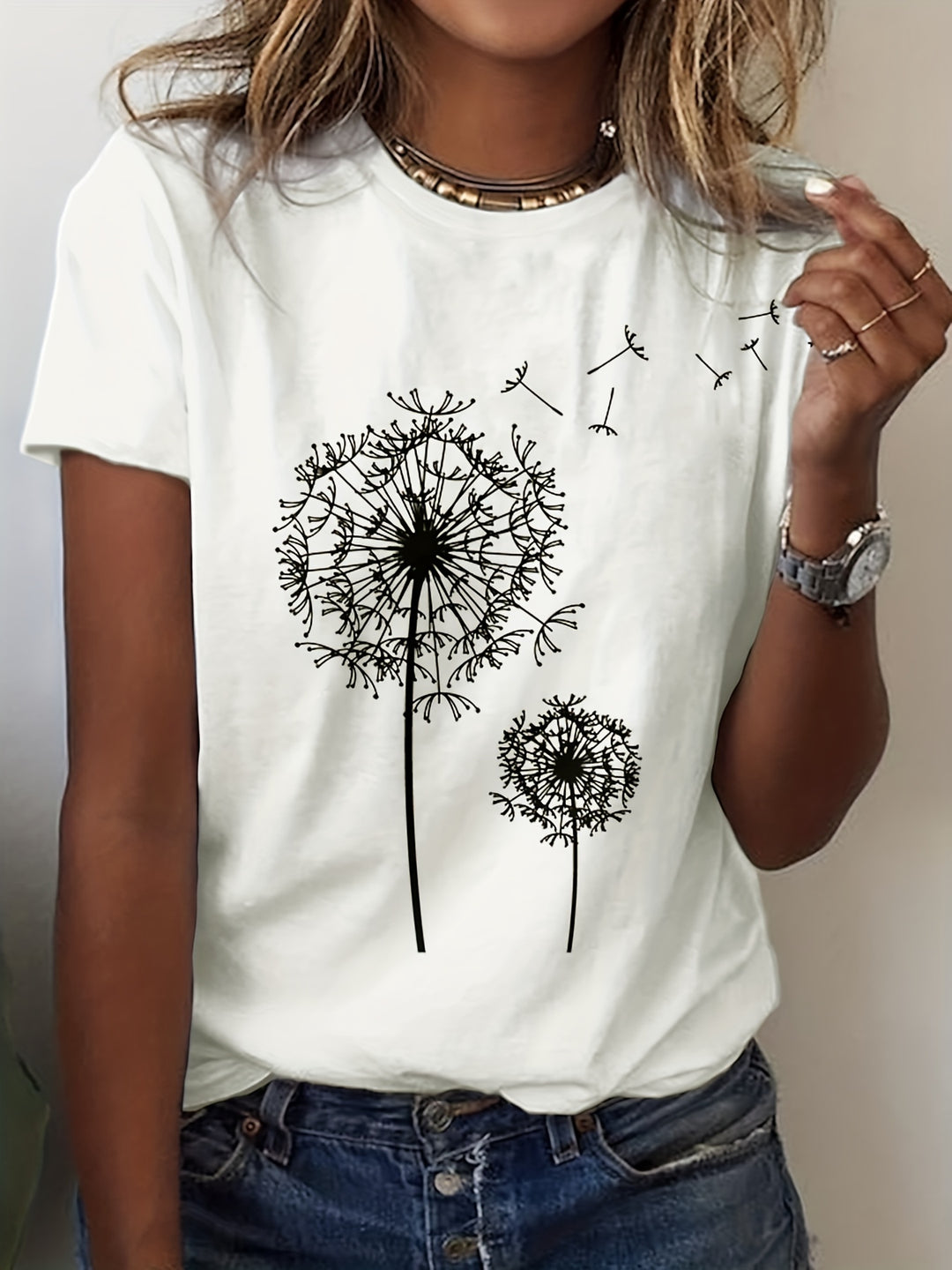 Dahlia - Dandelion Print T-Shirt, Casual Short Sleeve Top