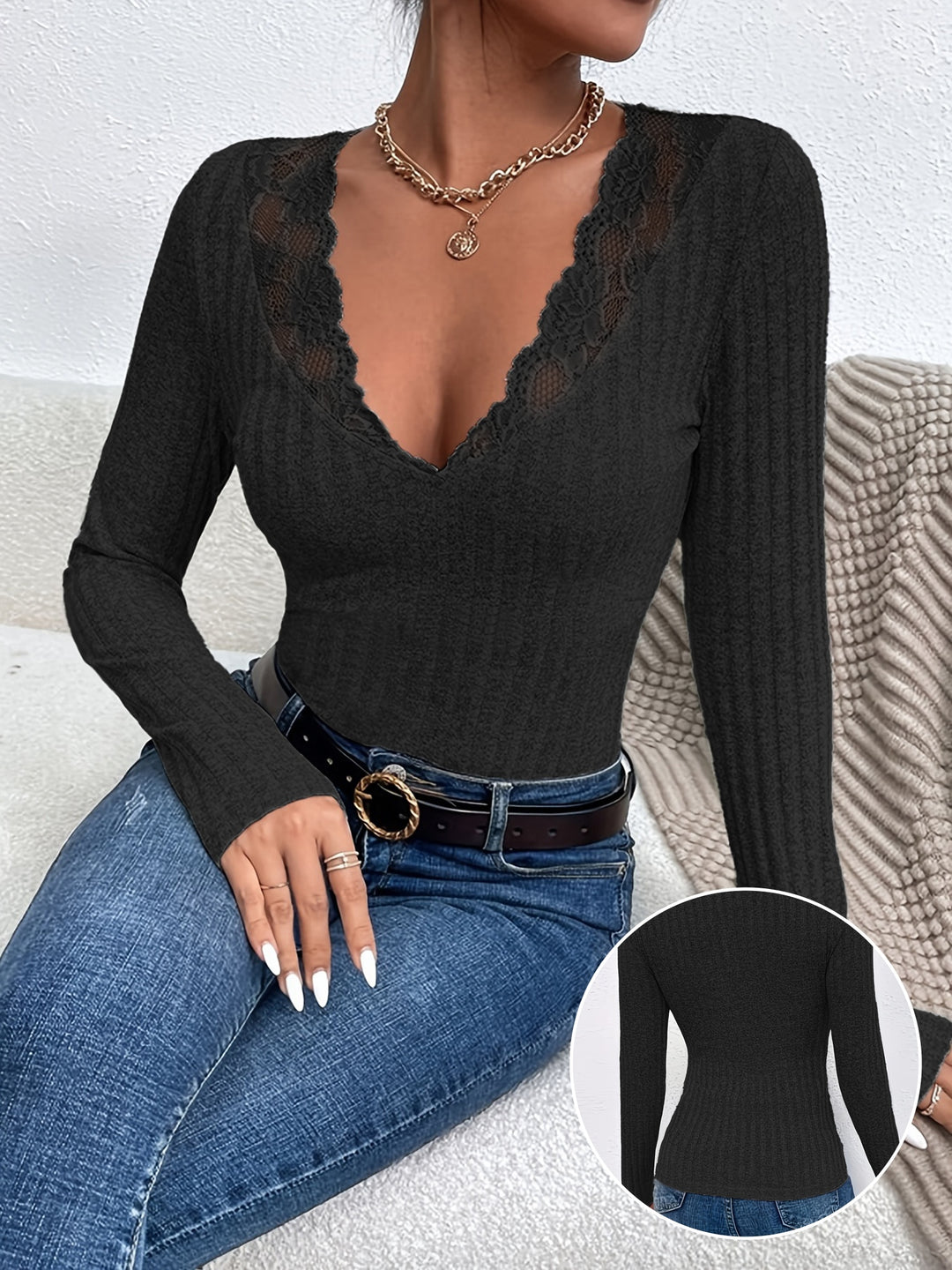 Fleur - Ribbed V-Neck Long Sleeve Top with Lace Details