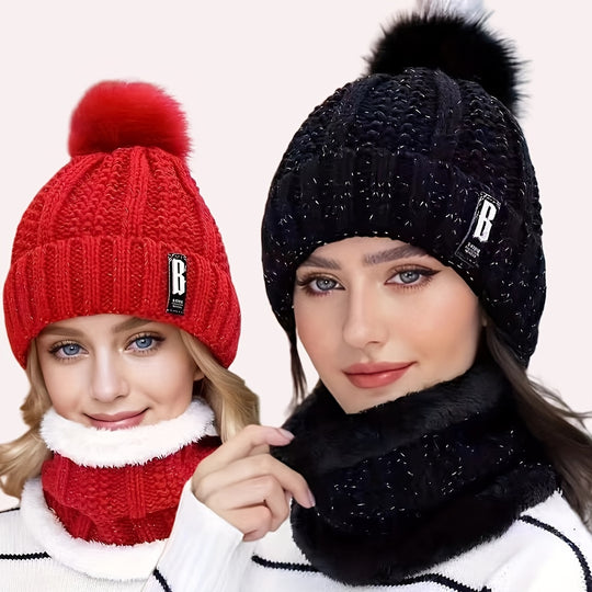 Iris - Knitted Winter Hat &amp; Scarf Set | Warm Fleece Lining with Pom-Pom Detail