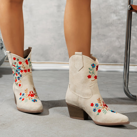 Iris - Fashionable Floral Pattern Chunky Heel Slip-On Boots