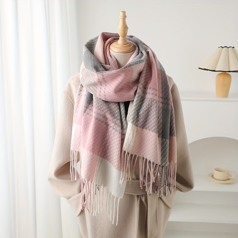 Marieke - Elegant Checked Scarf with Fringes, Warm &amp; Stylish for Fall/Winter