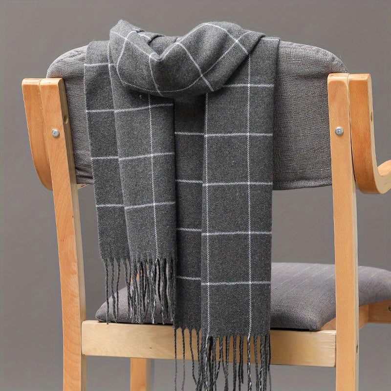 Anouk - Men's Scarf in Imitation Cashmere with Checked Pattern and Fringe Hem