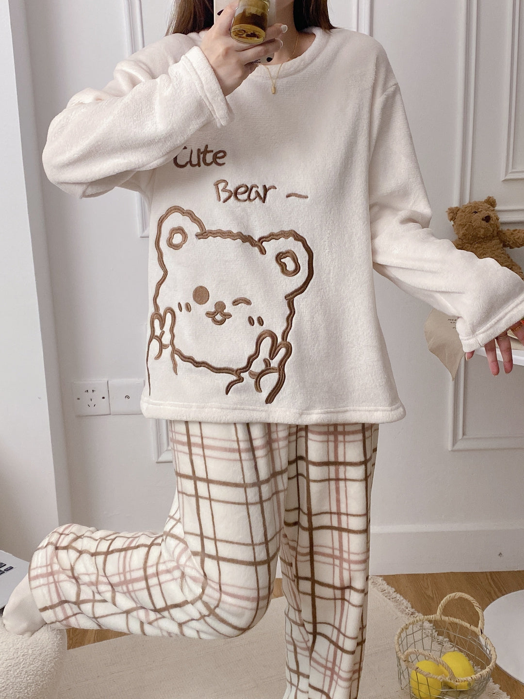 Lotte - Cute Animal Print Fleece Pyjama Set with Round Neck