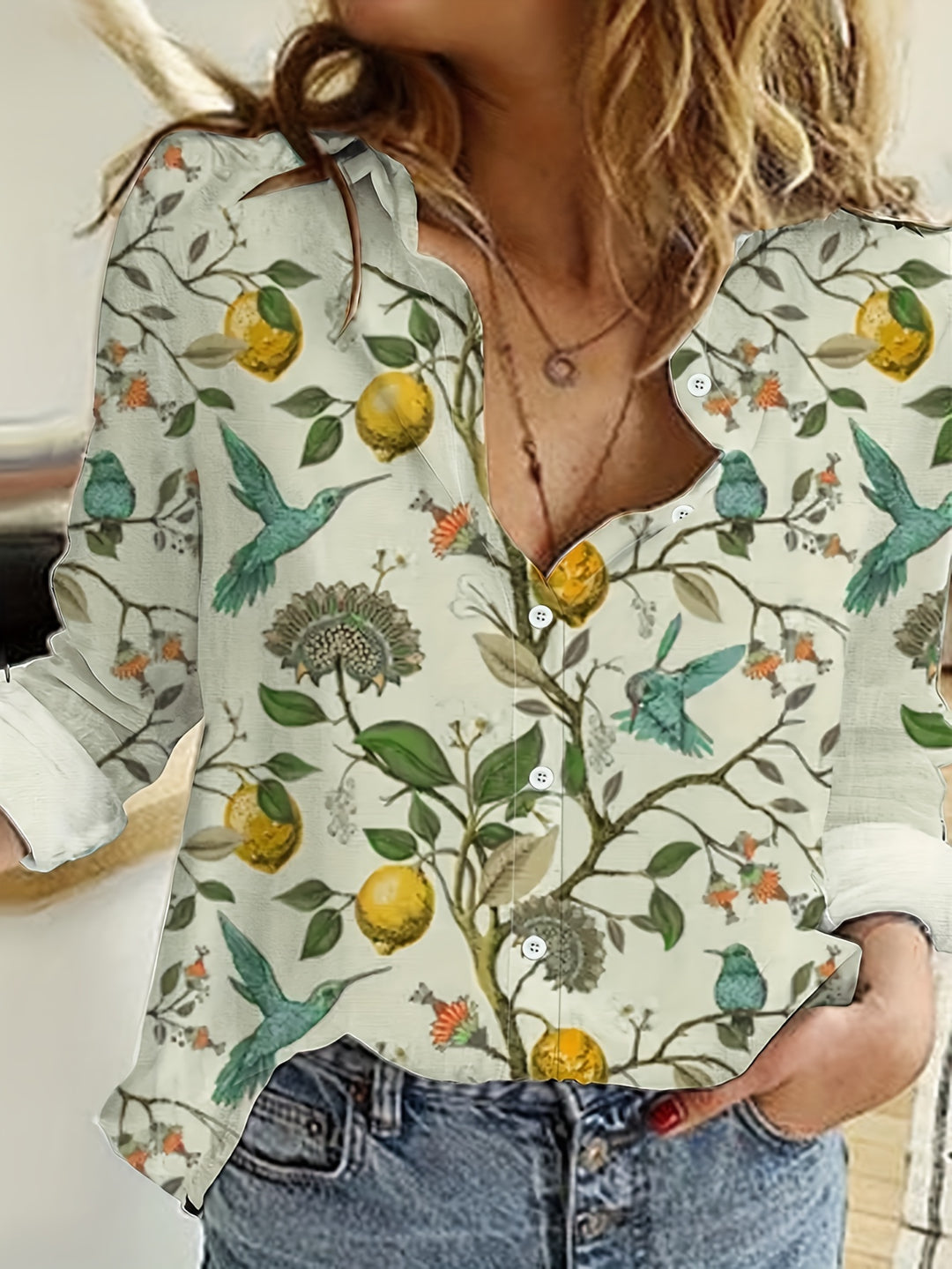 Eveline - Stijlvolle Lapel Blouse met Print en Knopen