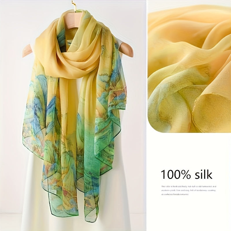 Lisanne - Elegant 100% Silk Scarf with Artistic Landscape Design