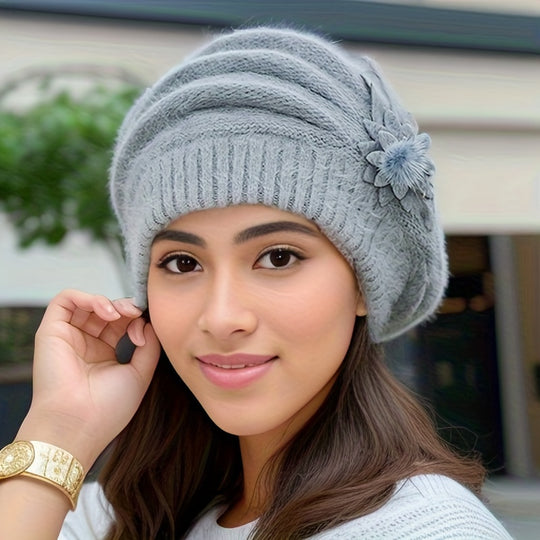 Lotte - Striped Slouchy Beanie with Floral Decor - Elegant Knitted Hat for Women