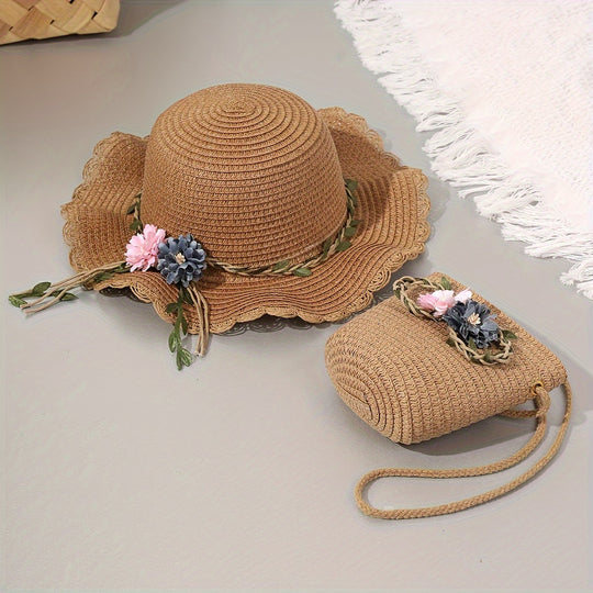 Fleur - Woven Floral Sun Hat and Beach Bag Set