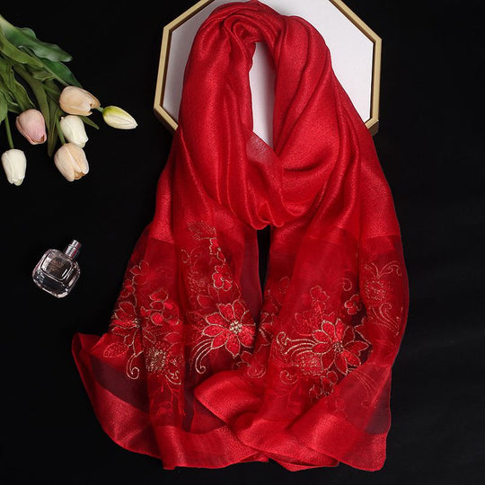 Livia - Elegant Red Silk Wool Embroidered Flower Scarf