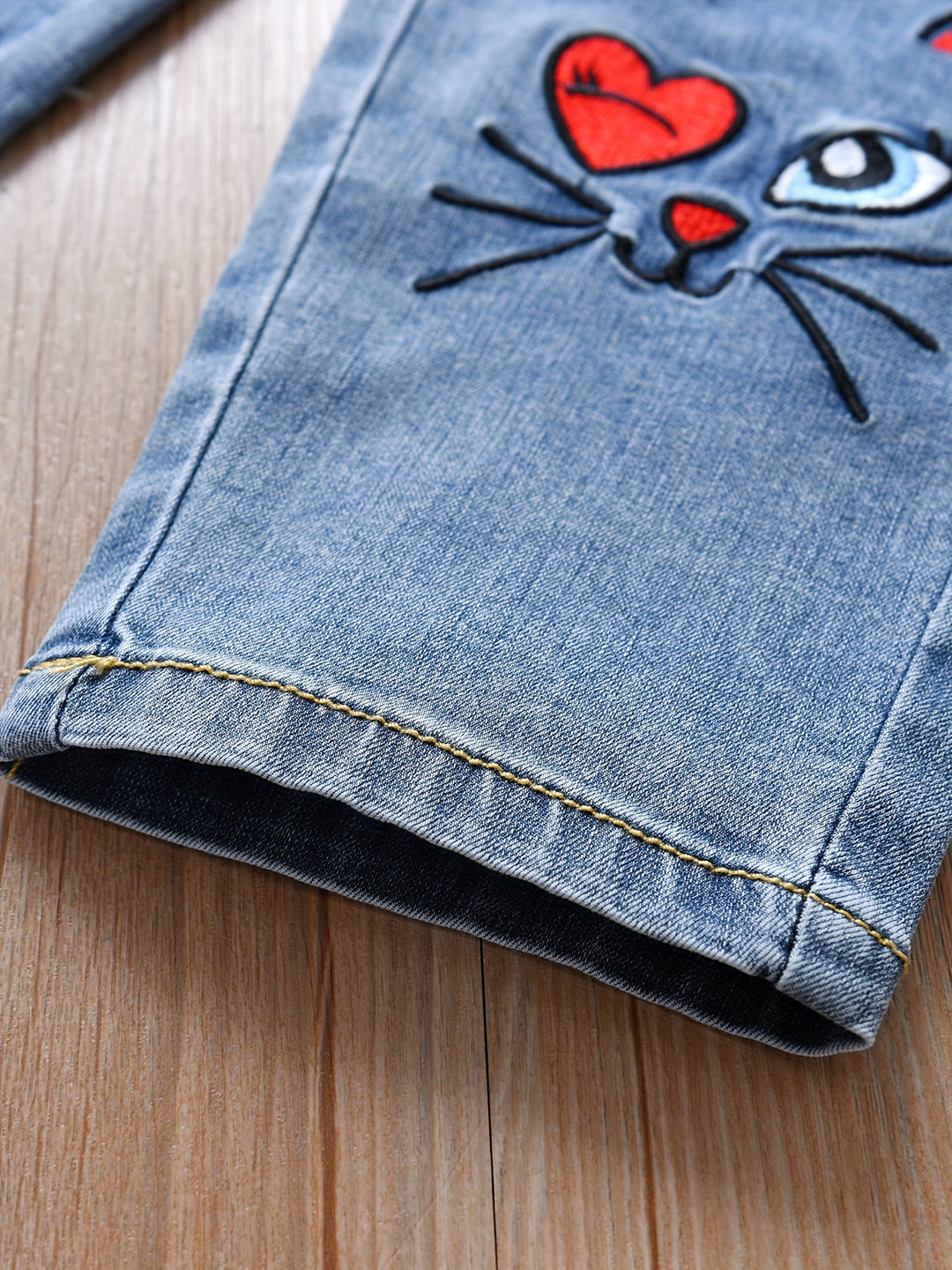 Fleur - Geborduurde Cropped Kinderjeans met Kattenmotief