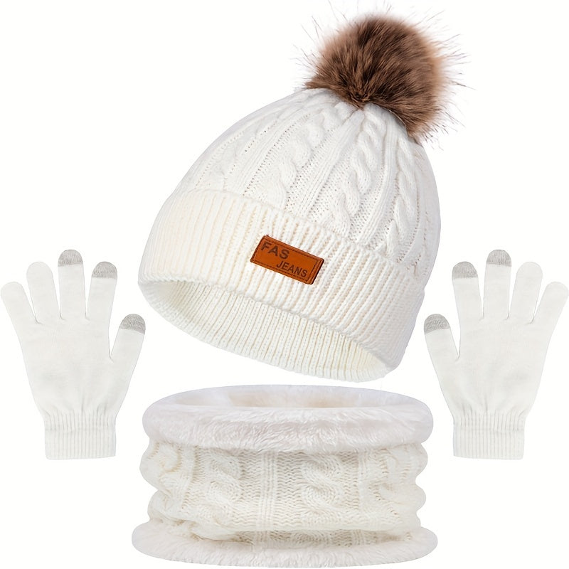 Iris - Winter 3-in-1 Set met Pom-Pom | Warme Gebreide Muts, Sjaal en Touchscreen Handschoenen