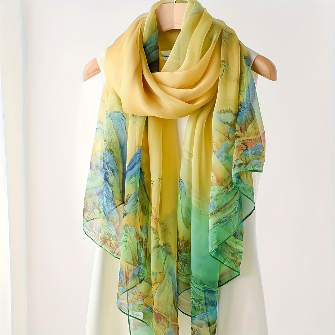 Lisanne - Elegant 100% Silk Scarf with Artistic Landscape Design