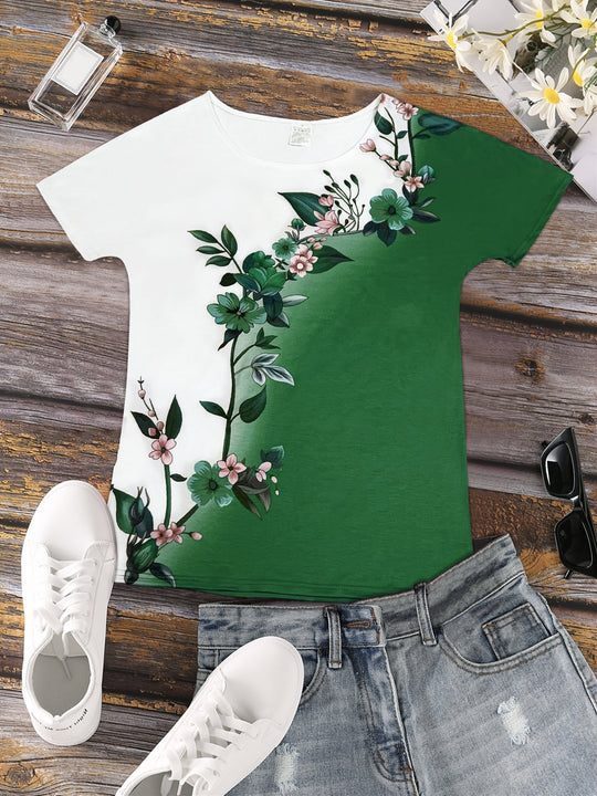 Lisanne - Round Neck T-shirt with Floral Print and Color Combination