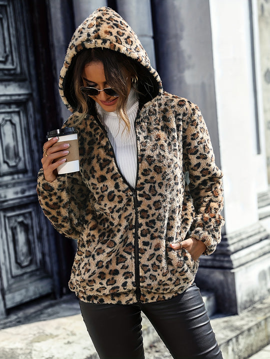 Mila - Leopard Print Hooded Teddy Coat with Zipper