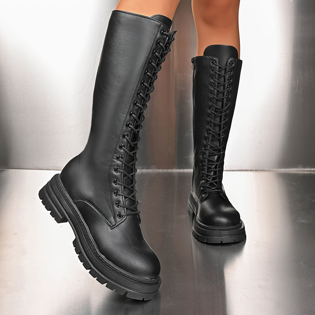 Mila - Chique Dames Mid-Calf Laarzen met Blokhak en Vetersluiting