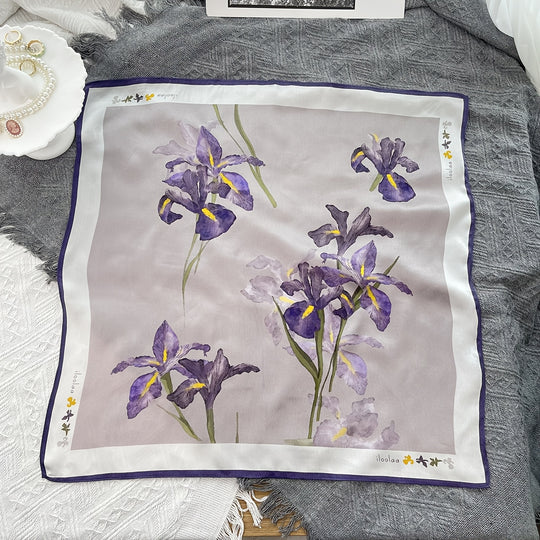 Eveline - Elegant 100% Silk Scarf with Purple Flower Print