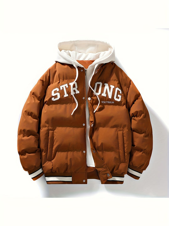 Finn - Men's Puffer Jacket With Hood And Text Print