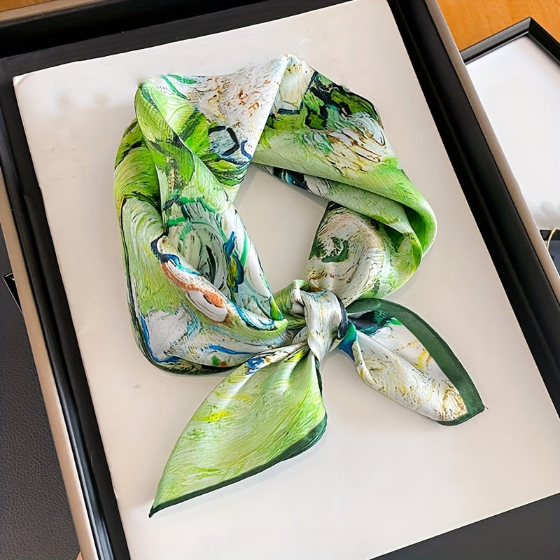 Yara - Elegant Silk Square Scarf with Oil Painting Print