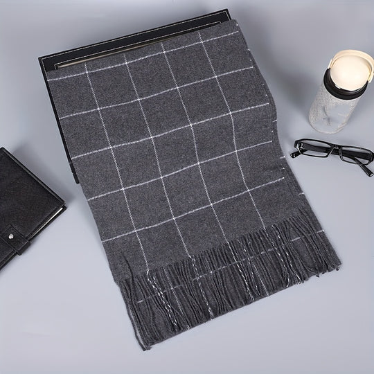 Anouk - Men's Scarf in Imitation Cashmere with Checked Pattern and Fringe Hem