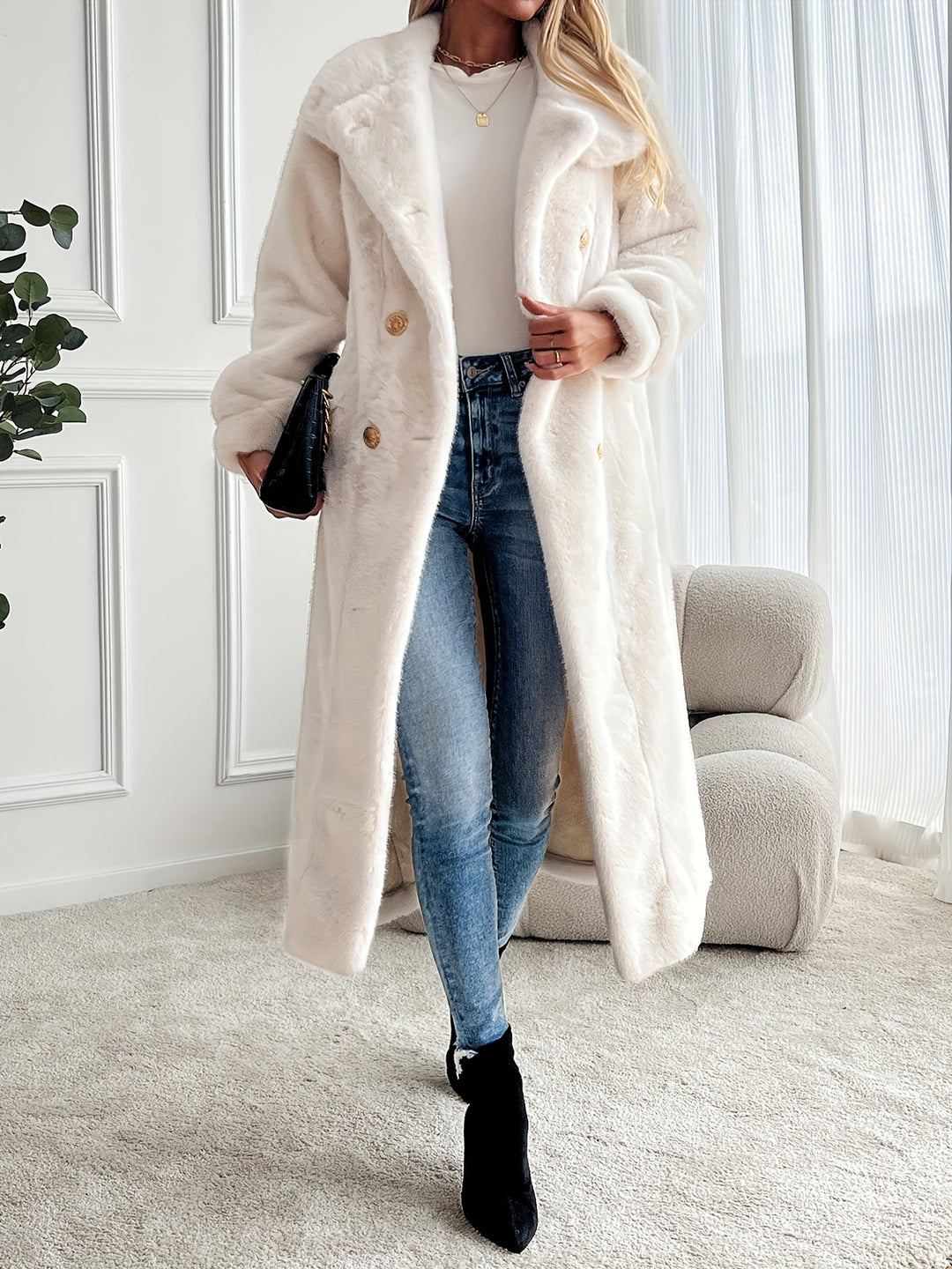 Eva - Women's Double Sided Faux Fur Lapel Coat, Thermal Midi Length