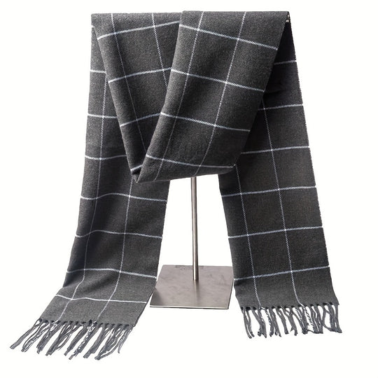 Anouk - Men's Scarf in Imitation Cashmere with Checked Pattern and Fringe Hem