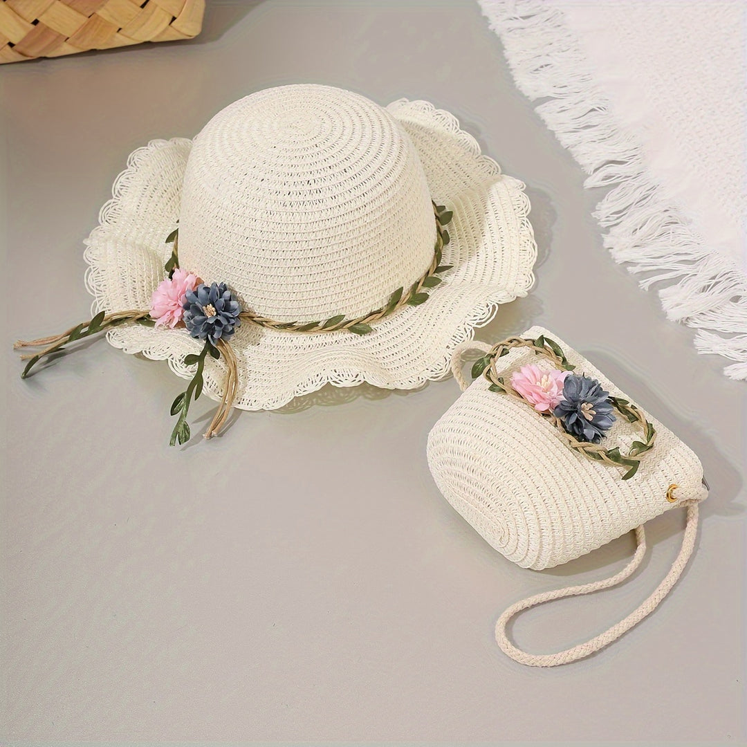 Fleur - Woven Floral Sun Hat and Beach Bag Set