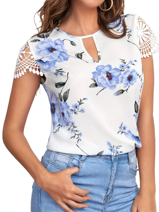 Yara - Floral Print Blouse With Contrasting Lace