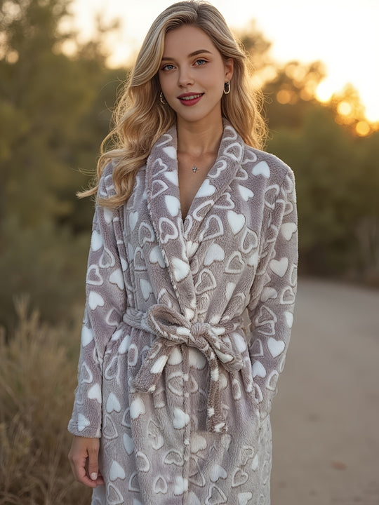 Elise - Elegant Flannel Robe with Heart Pattern and Belt