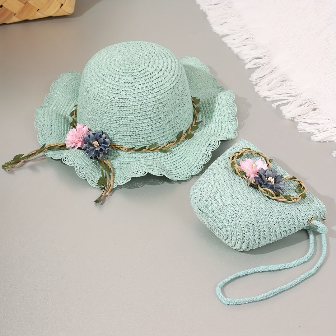 Fleur - Woven Floral Sun Hat and Beach Bag Set