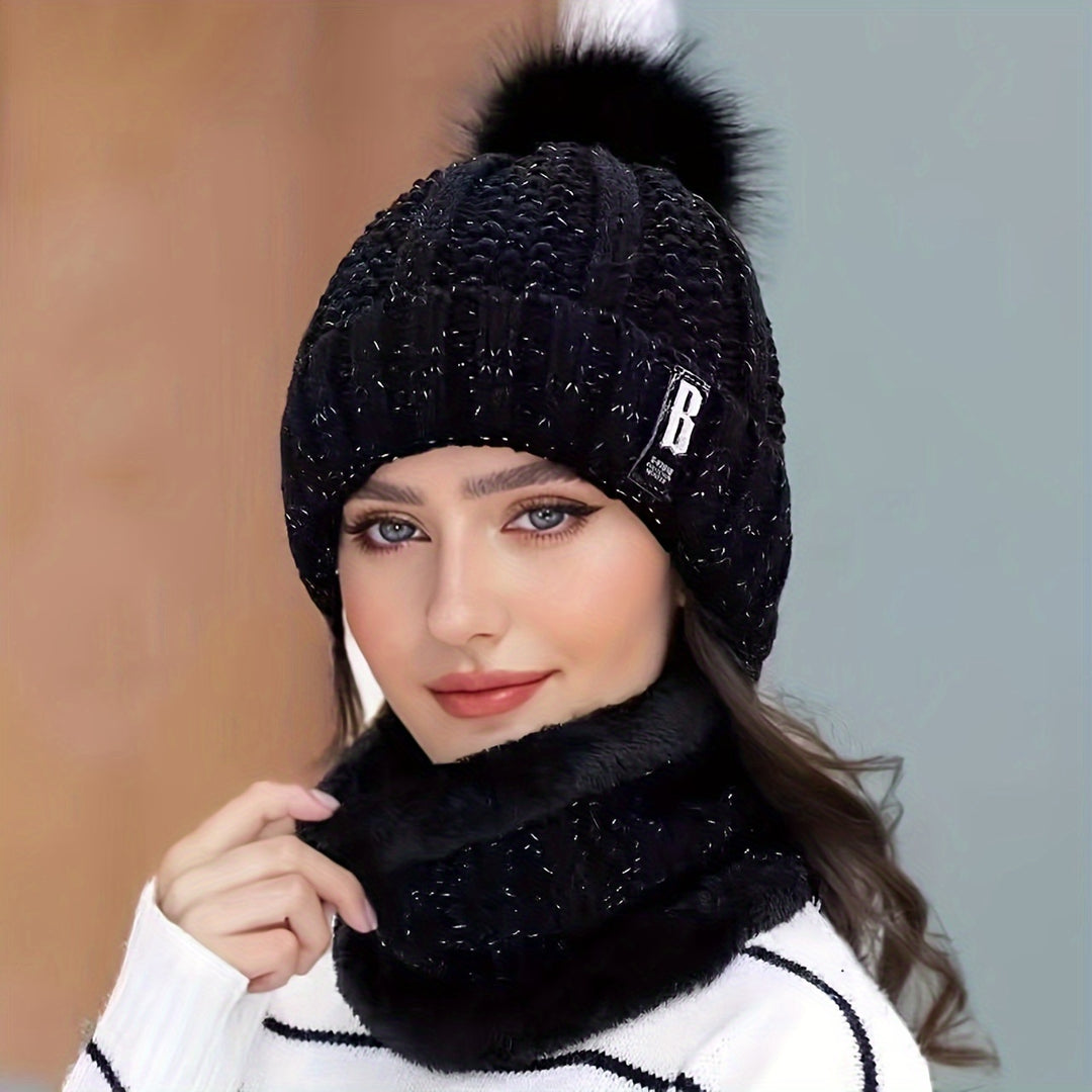 Iris - Knitted Winter Hat &amp; Scarf Set | Warm Fleece Lining with Pom-Pom Detail