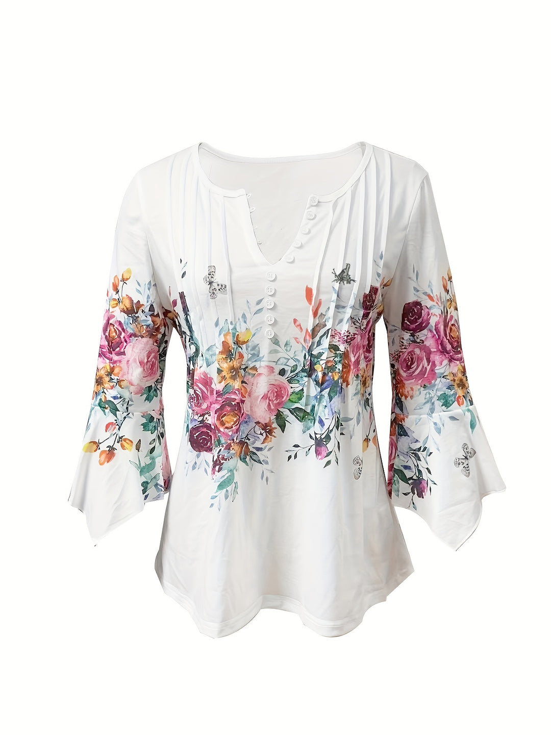 Eva - V-Neck Blouse with Floral Print, Casual Blouse with Buttons for Summer