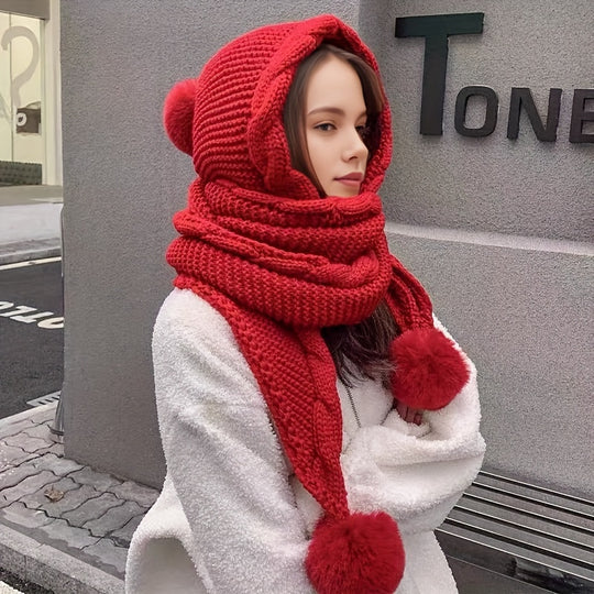 Nina - Knitted Turban Hat with Pom-Pom and Neck Warmer