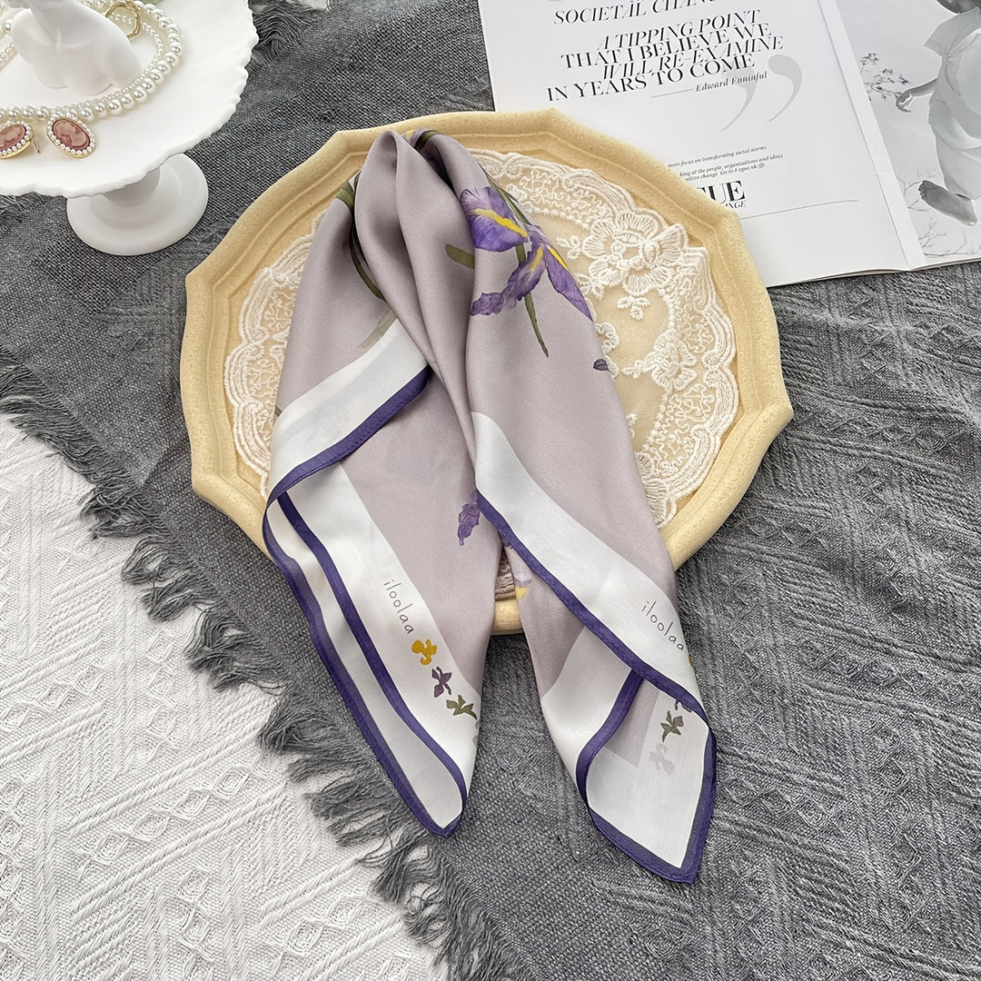 Eveline - Elegant 100% Silk Scarf with Purple Flower Print