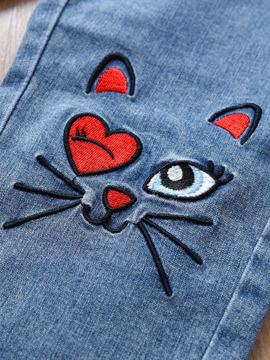 Fleur - Geborduurde Cropped Kinderjeans met Kattenmotief