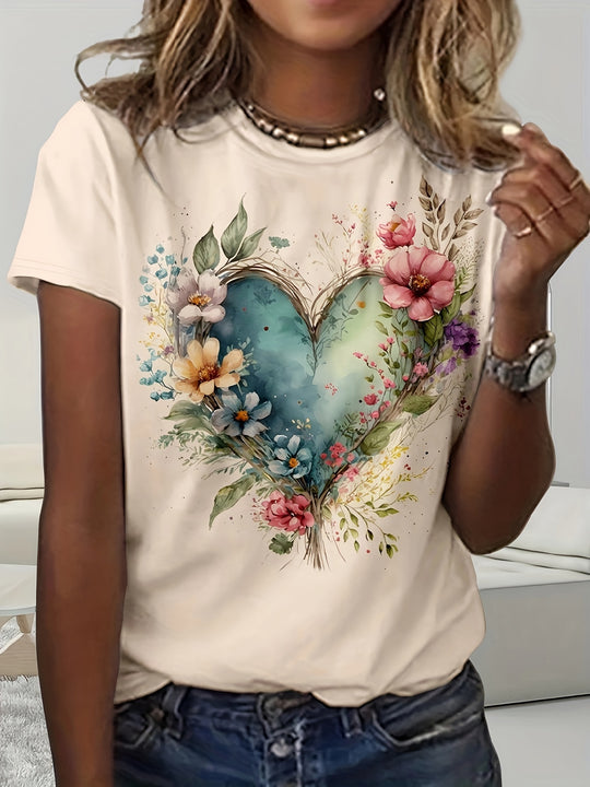 Lana - T-shirt Met Bloemen- en Hartprint, Casual T-shirt Met Korte Mouwen Voor Zomer