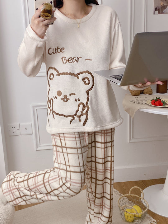 Lotte - Cute Animal Print Fleece Pyjama Set with Round Neck