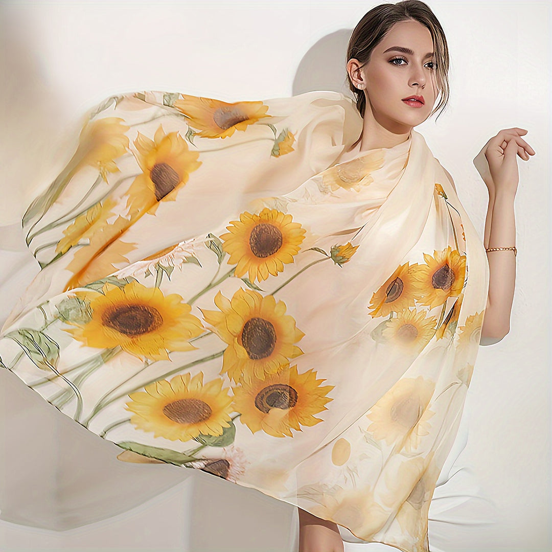 Eveline - Elegant Sunflower Pattern Silk Scarf made of 100% Mulberry Silk