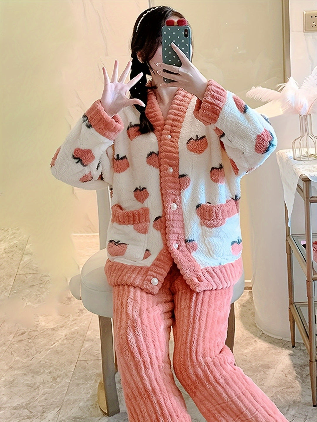 Eva - Winter Cute Pyjama Set With Strawberry Print