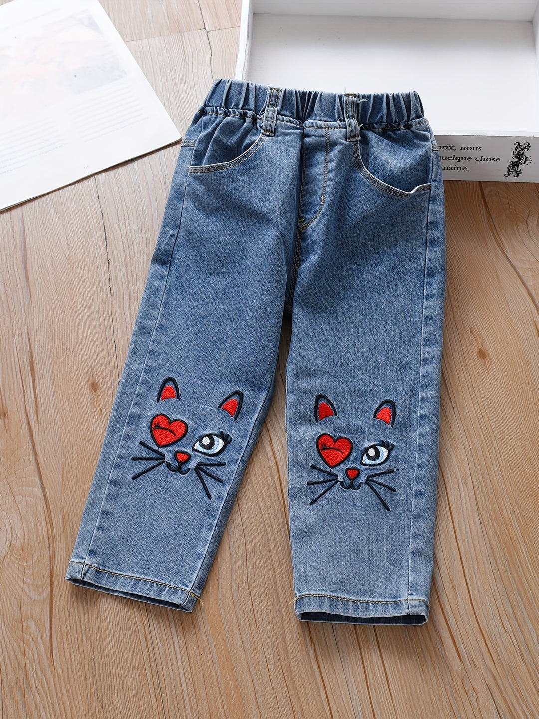 Fleur - Geborduurde Cropped Kinderjeans met Kattenmotief