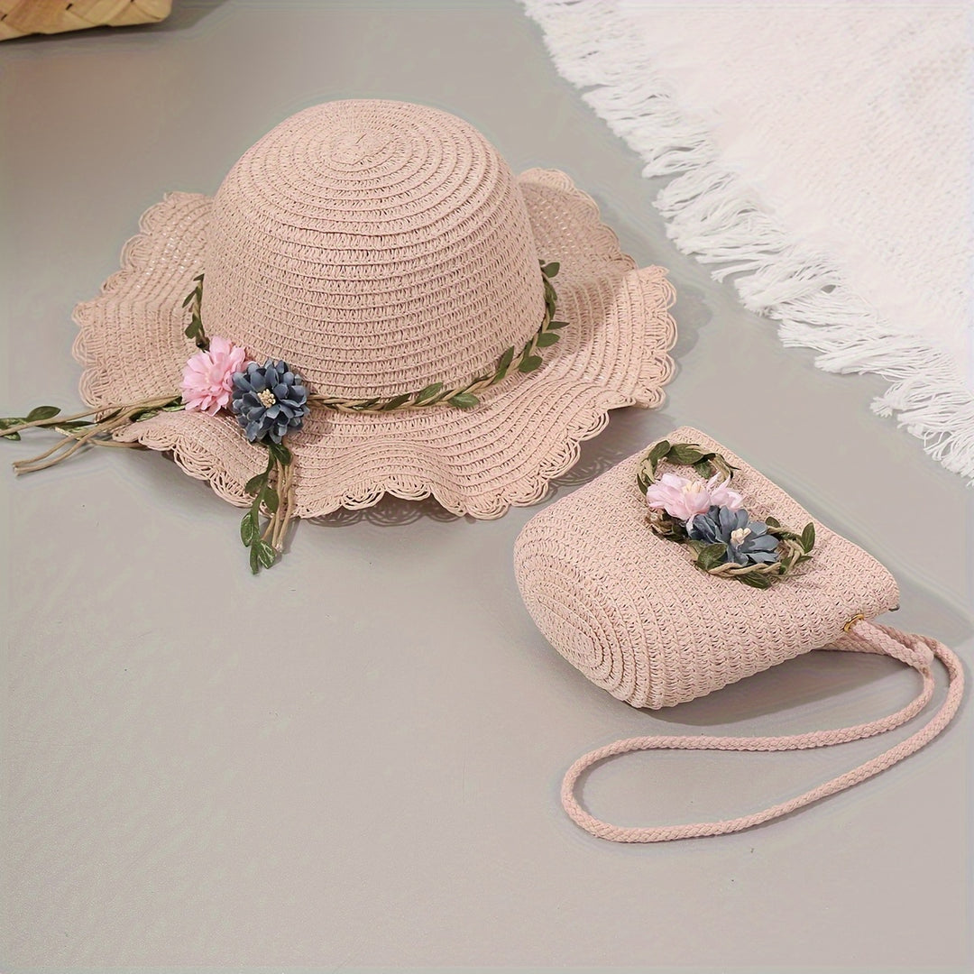 Fleur - Woven Floral Sun Hat and Beach Bag Set