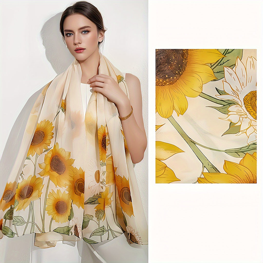 Eveline - Elegant Sunflower Pattern Silk Scarf made of 100% Mulberry Silk