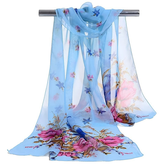 Femke - Elegant Long Scarf with Floral Print in Lightweight Chiffon