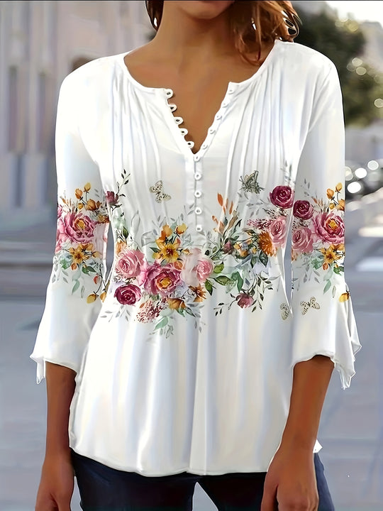 Eva - V-Neck Blouse with Floral Print, Casual Blouse with Buttons for Summer