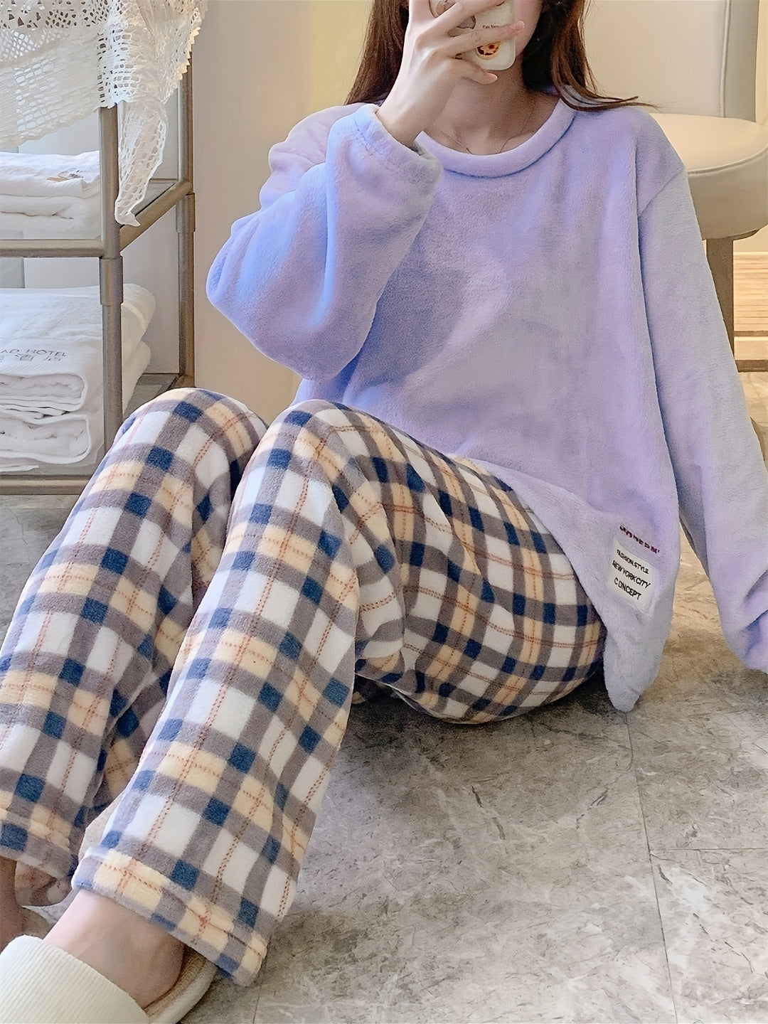 Amber - Warm Checked Pyjama Set with Embroidered Details and Round Neck